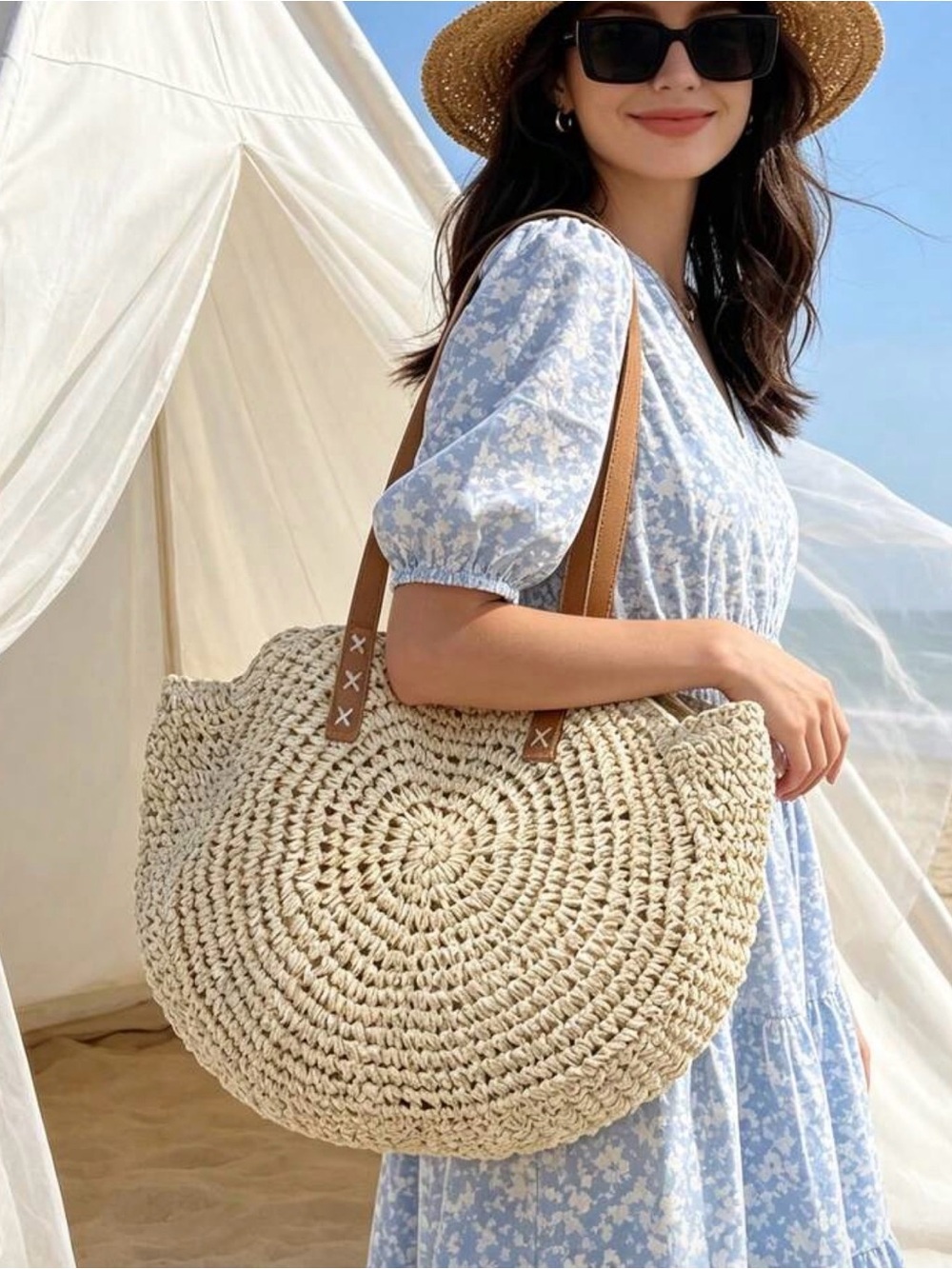 Handmade Women Straw Beach Tote Bag-Boho Round Crochet Summer Shoulder Bag